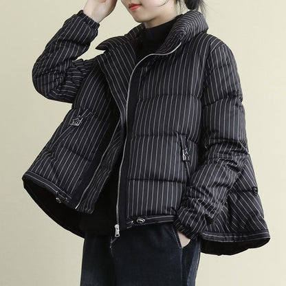 Stand Collar Casual Striped Warm Down Coat