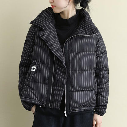 Stand Collar Casual Striped Warm Down Coat