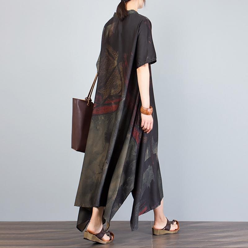 Stand Collar Irregular Loose Print Dress