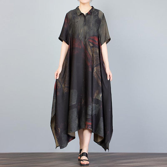 Stand Collar Irregular Loose Print Dress
