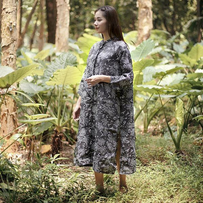 Stand Collar Linen Long Sleeve Retro Dress