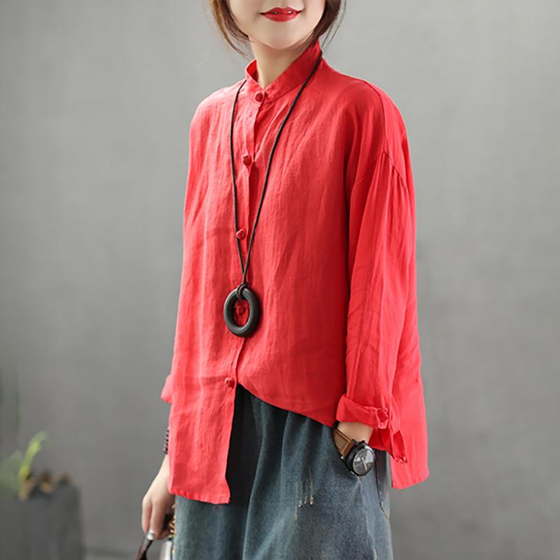 Stand Collar Loose Solid Color Linen Shirt
