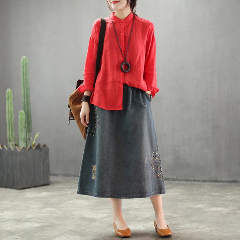 Stand Collar Loose Solid Color Linen Shirt