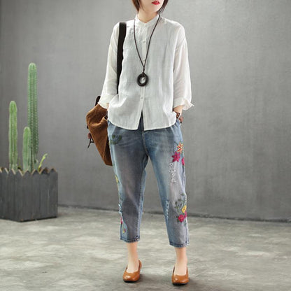 Stand Collar Loose Solid Color Linen Shirt