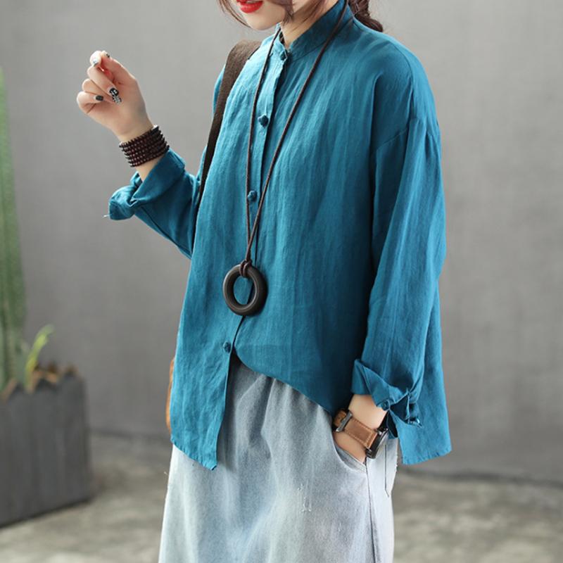 Stand Collar Loose Solid Color Linen Shirt
