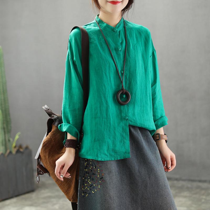 Stand Collar Loose Solid Color Linen Shirt