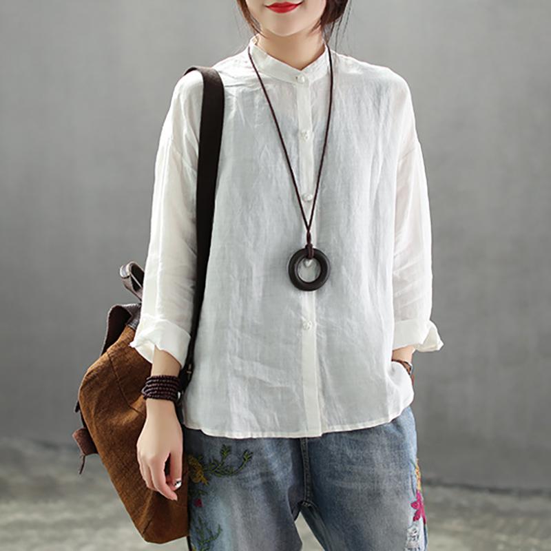 Stand Collar Loose Solid Color Linen Shirt