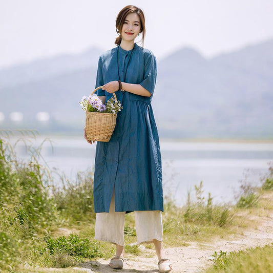 Stand Collar Single Breasted Casual Shirt Dress