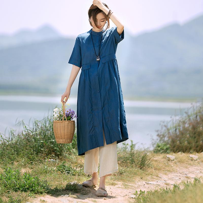 Stand Collar Single Breasted Casual Shirt Dress