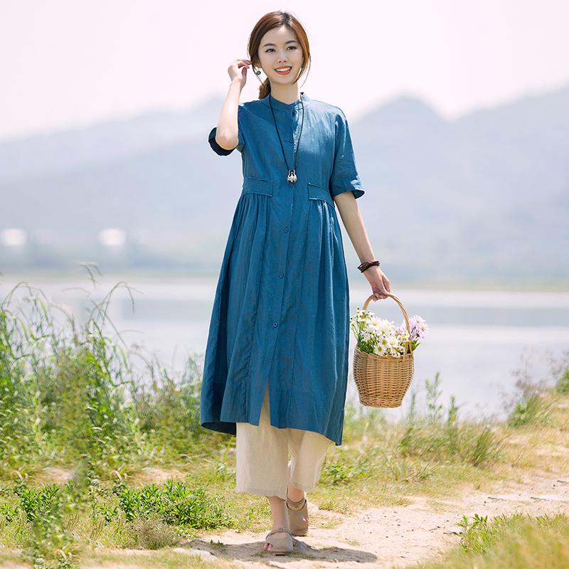 Stand Collar Single Breasted Casual Shirt Dress