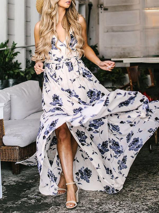 Bohemia Floral Sleeveless Waisted Maxi Dress