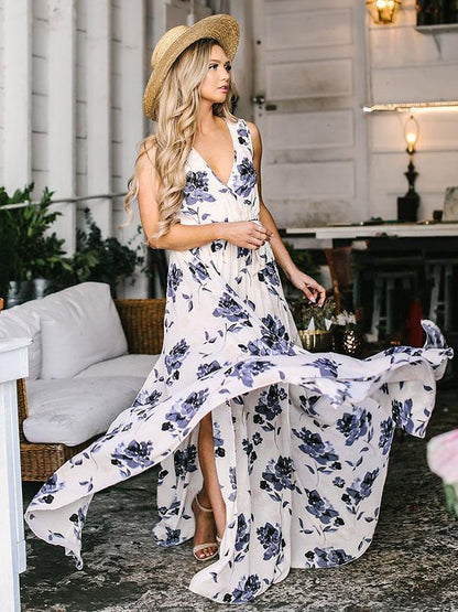 Bohemia Floral Sleeveless Waisted Maxi Dress