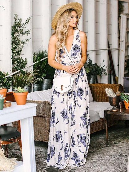 Bohemia Floral Sleeveless Waisted Maxi Dress