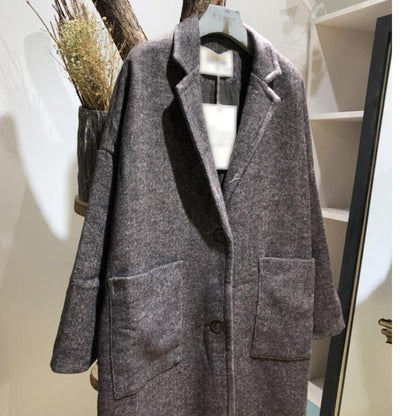 Straight Woolen Women Solid All-match Overcoat