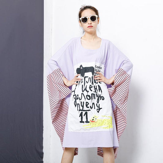 Stripe And Letter Printed Patchwork Loose Blouse