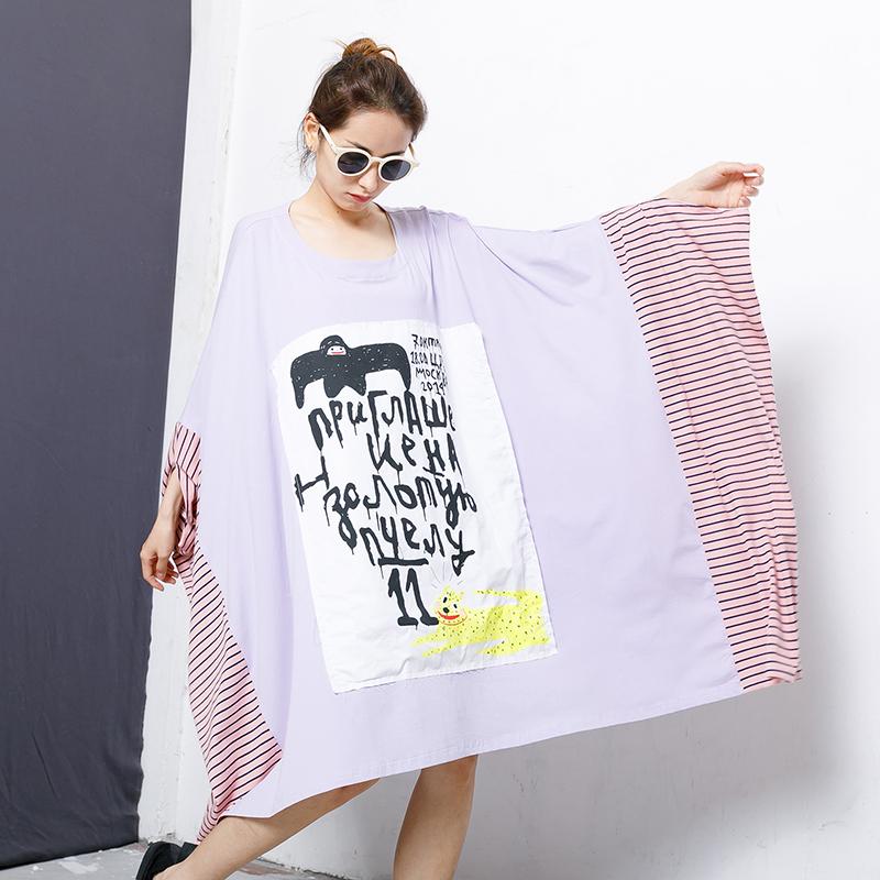 Stripe And Letter Printed Patchwork Loose Blouse