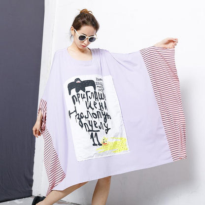 Stripe And Letter Printed Patchwork Loose Blouse