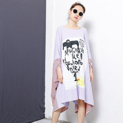 Stripe And Letter Printed Patchwork Loose Blouse