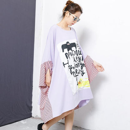 Stripe And Letter Printed Patchwork Loose Blouse