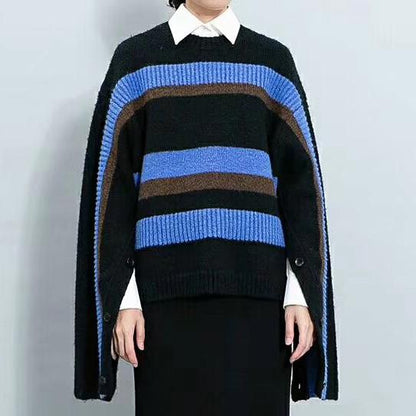Stripe Split Sleeves With Buttons Loose Sweater