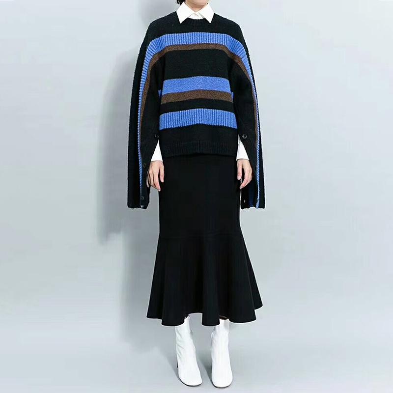 Stripe Split Sleeves With Buttons Loose Sweater