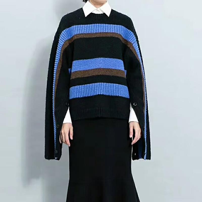 Stripe Split Sleeves With Buttons Loose Sweater