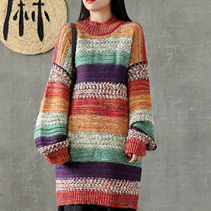 Stripe Women Long Straight Rainbow Sweater