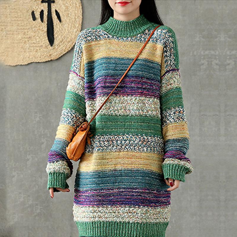 Stripe Women Long Straight Rainbow Sweater