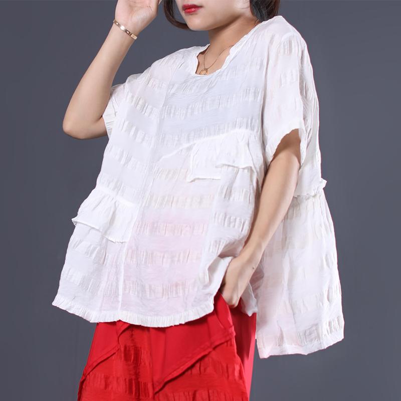 Striped Short Sleeve Cotton Round Neck Blouse
