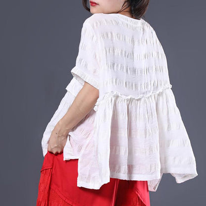 Striped Short Sleeve Cotton Round Neck Blouse