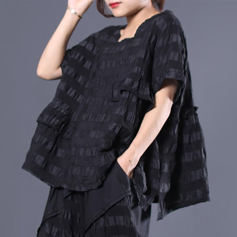 Striped Short Sleeve Cotton Round Neck Blouse