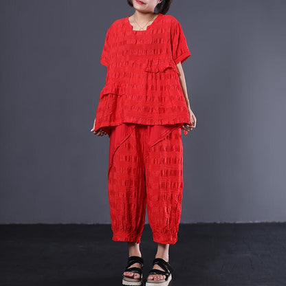Striped Short Sleeve Cotton Round Neck Blouse