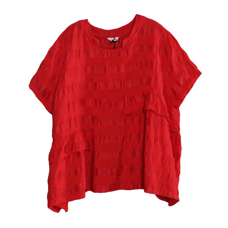 Striped Short Sleeve Cotton Round Neck Blouse