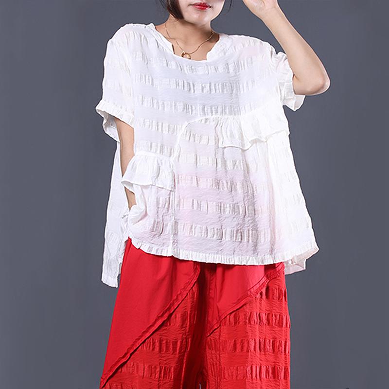 Striped Short Sleeve Cotton Round Neck Blouse