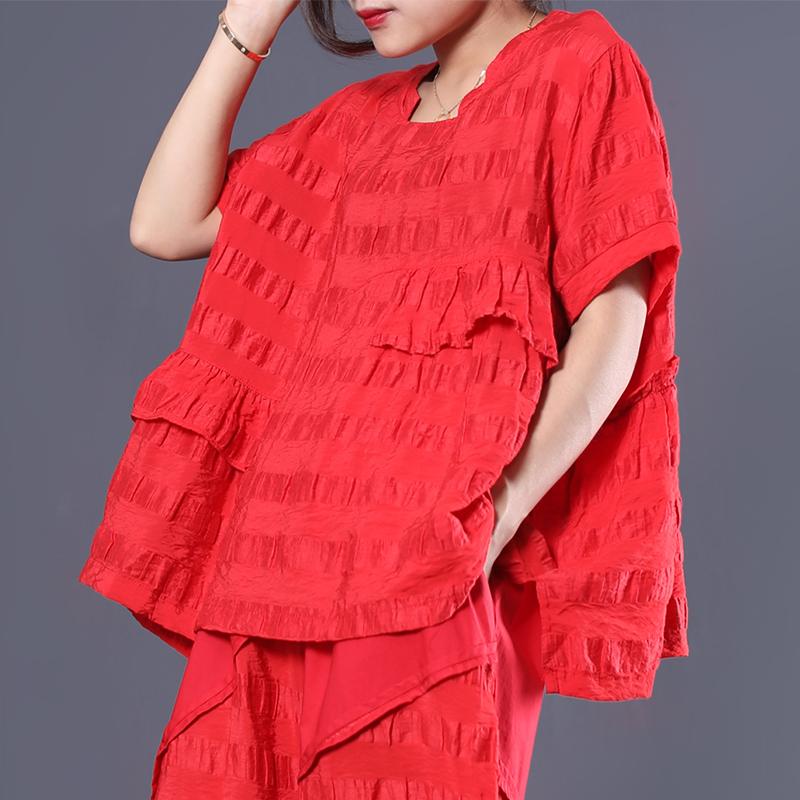 Striped Short Sleeve Cotton Round Neck Blouse