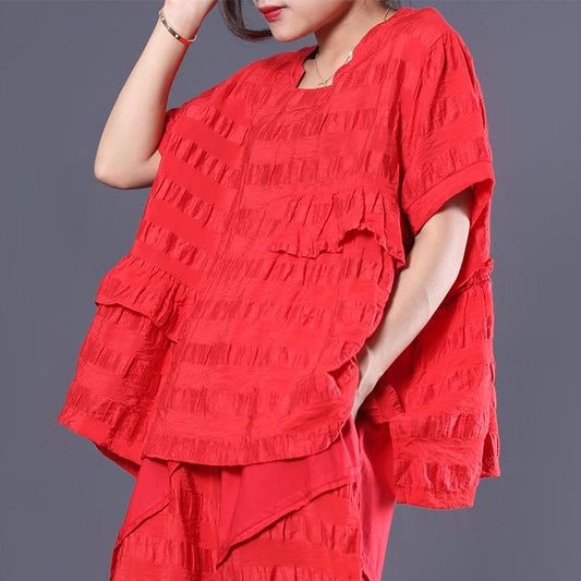 Striped Short Sleeve Cotton Round Neck Blouse