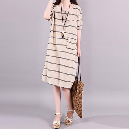 Striped Short Sleeve Elegant Round Collar Dress