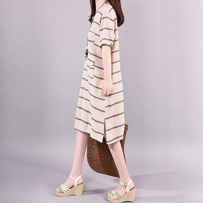 Striped Short Sleeve Elegant Round Collar Dress