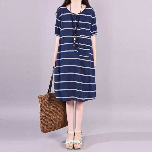 Striped Short Sleeve Elegant Round Collar Dress