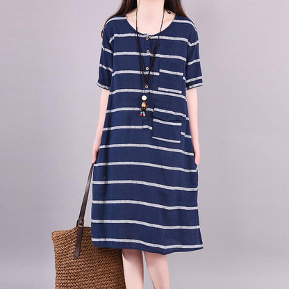 Striped Short Sleeve Elegant Round Collar Dress