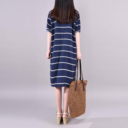 Striped Short Sleeve Elegant Round Collar Dress