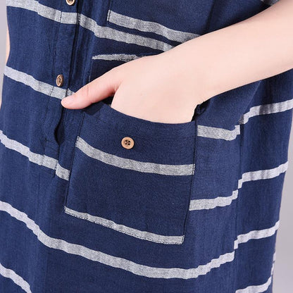 Striped Short Sleeve Elegant Round Collar Dress