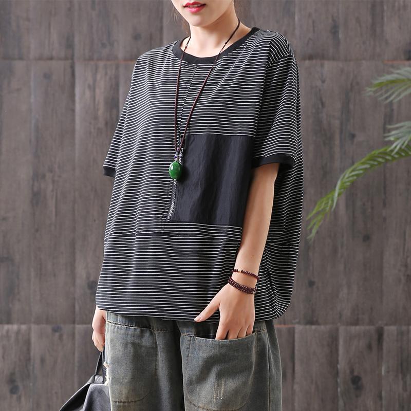Striped Spliced Short Sleeve Loose Blouse