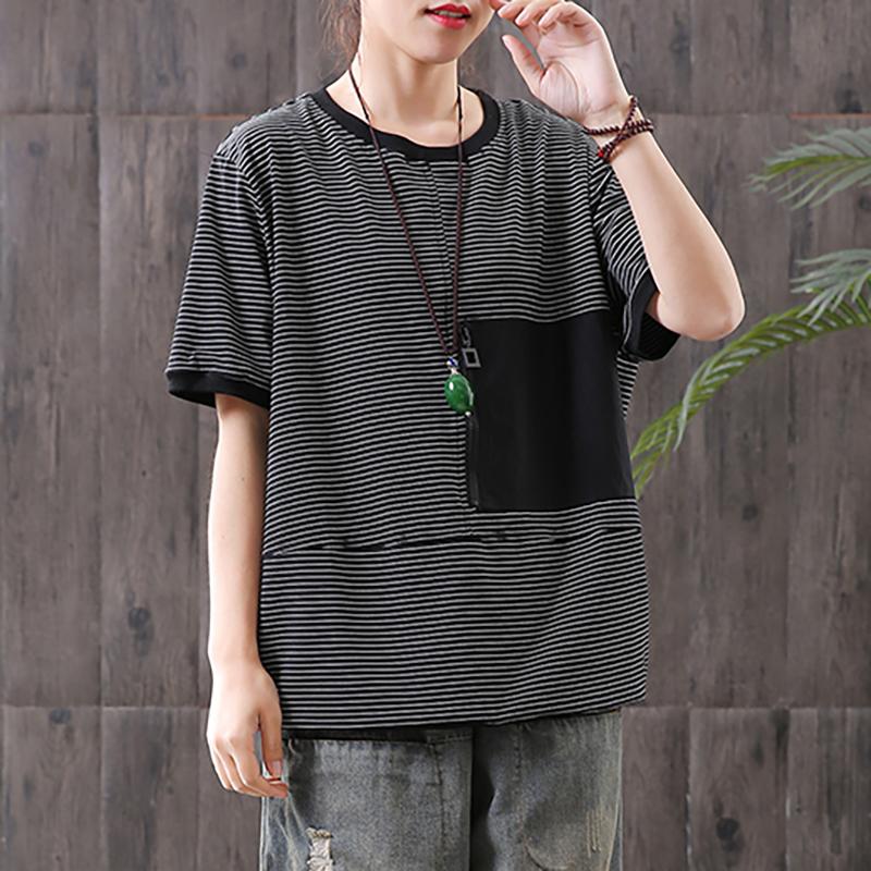 Striped Spliced Short Sleeve Loose Blouse