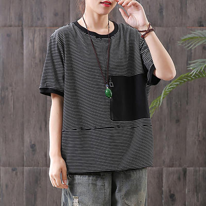 Striped Spliced Short Sleeve Loose Blouse