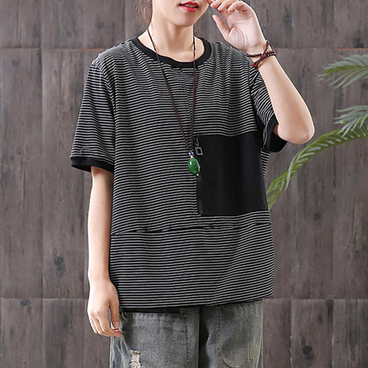 Striped Spliced Short Sleeve Loose Blouse