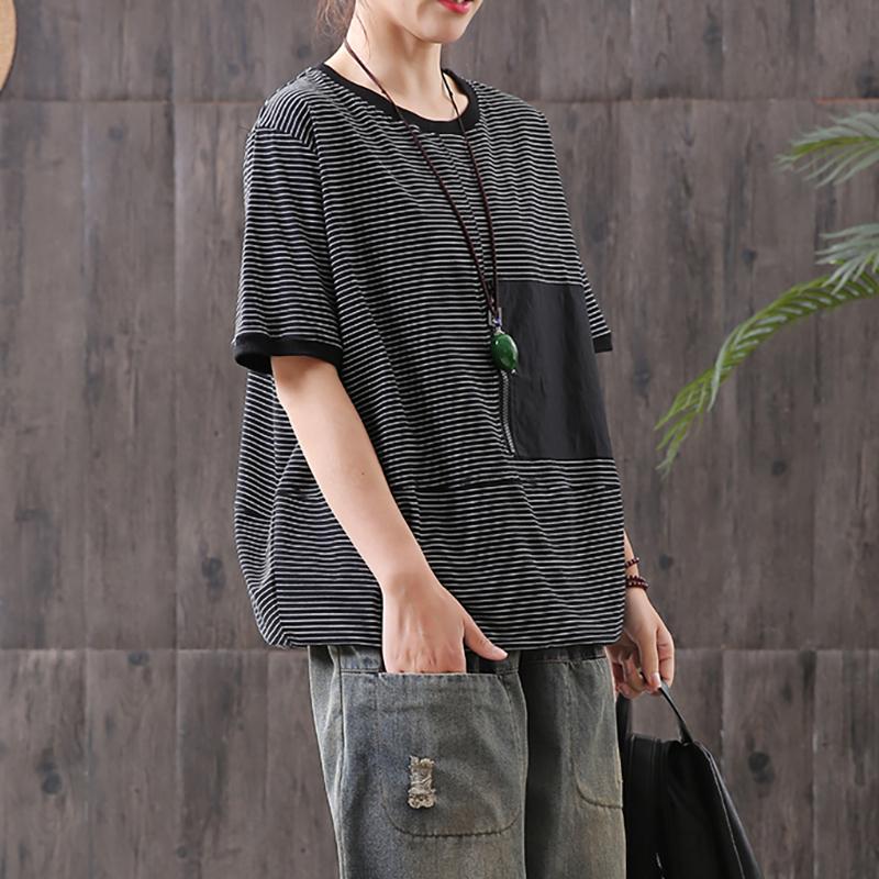 Striped Spliced Short Sleeve Loose Blouse