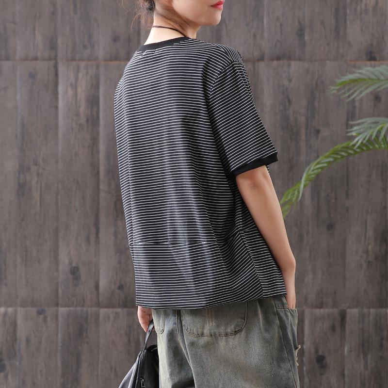 Striped Spliced Short Sleeve Loose Blouse