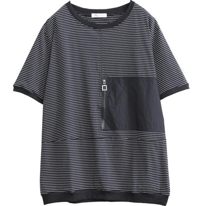 Striped Spliced Short Sleeve Loose Blouse