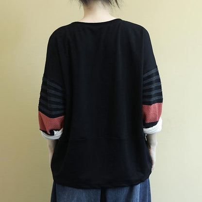 Striped Stitching Sleeves Casual O-neck Blouse
